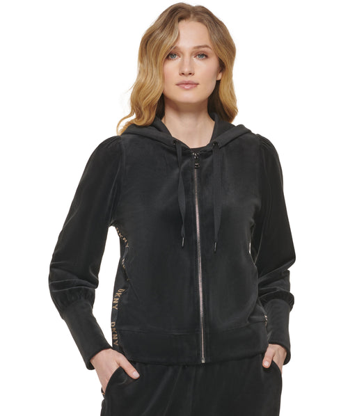 Women's Velour Logo-Tape Zip-Front Hoodie